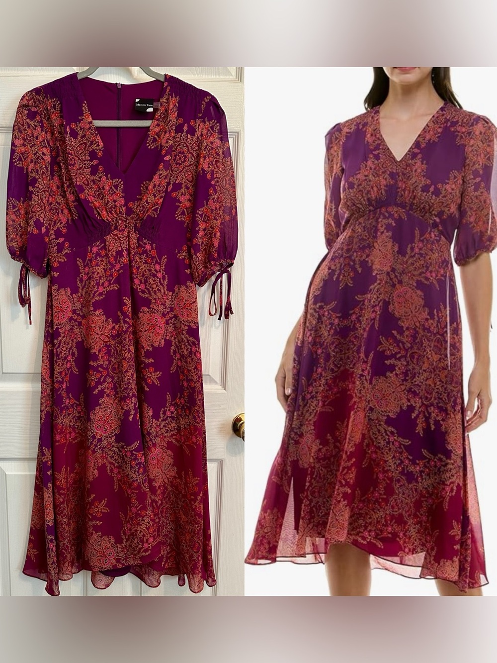 Maison Tara Women's V-Neck Chiffon Empire waist Midi Dress Size 4 NEW